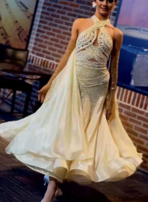Ballroom Dance Dress Women's Ivory Halter Neck Rhinestone & Pearl Embellished Satin Gown with Mesh Sleeves