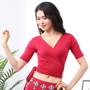 Women's Blue V-Neck Wrap Belly Dance Top with Elbow Sleeves, Performance Apparel