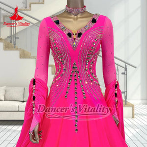 Ballroom Dance Dress Women's Hot Pink Rhinestone Mesh Long Sleeve V-Neck Chiffon Standard Smooth Competition Gown