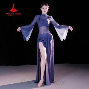 Women's Belly Dance Two-Piece Practice Set With Long-Sleeve Top And Long Tassel Skirt For Training