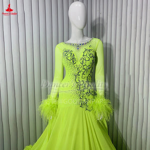 Ballroom Dance Dress Women's Neon Green Feathered Embellished Long Sleeve Standard Smooth Dress
