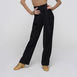Women's Off-Shoulder Long Sleeve Dance Top, White, Black, or Tan, with High-Waisted Wide Leg Trousers, Brown, Grey, or Black, for Latin Ballroom Dance