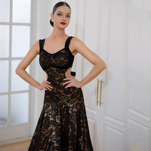 Women's Black Lace Cut-Out Ballroom Dance Dress with Gold Lining