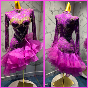 Women's Purple Lace & Organza Ruffled Latin Dance Dress with Gold Fringe & Rhinestone Embellishments