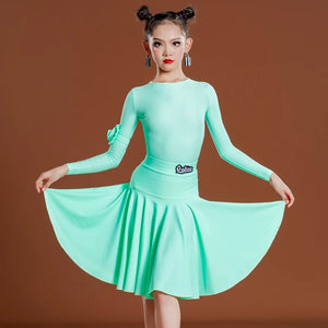 Girls Latin Dance Dress, Long Sleeve, Pleated Skirt, Ballroom Performance Costume