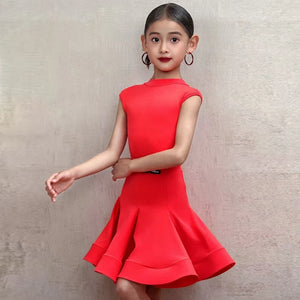 Girls Latin Dance Dress Red, Green, Black, Blue Sleeveless with Ruffled Skirt