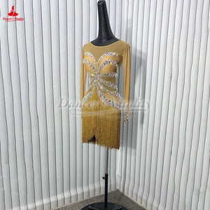 Women's Gold Rhinestone Fringe Latin Dance Dress - Open Back, Long Sleeve, Mesh Bodice