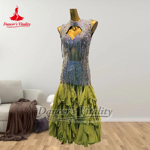 Latin Dance Dress Women's Green & Silver Rhinestone Fringe Open Back Ruffled Chiffon Ballroom Competition Gown