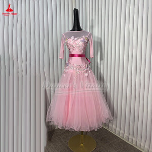 Ballroom Dance Dress Women's Pink Floral Embroidered Mesh Tulle Long Sleeve Open Back Waltz Foxtrot Standard Dance Gown