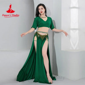 Belly Dance Costume Women's Emerald Green V-Neck Crop Top with Short Sleeves, High Slit Skirt, and Rhinestone Fringe Hip Scarf Set for Performance