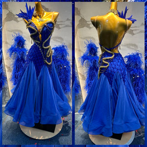 Ballroom Dance Dress Women's Royal Blue Sequined Feathered Rhinestone Gown