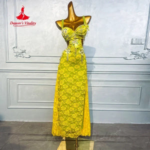 Latin Dance Dress Women's Neon Green Lace Beaded Fringe Backless Slit Salsa Rumba Tango Performance Gown