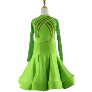 Women's Pink Satin Ballroom Dance Dress with Mesh Sleeves and Ruched Bodice