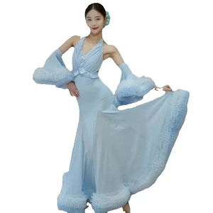 Women's Pink and Blue Halter Neck Ruffle Trim Ballroom Dance Dress