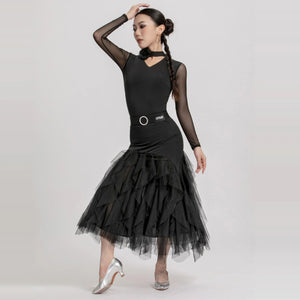 Ballroom Dance Dress Women's Black Mesh Long Sleeve V-Neck Ruffle Skirt with Belt, Latin Dance