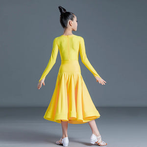 Girls' Latin Dance Dress, Lilac and Yellow Long Sleeve V-Neck Ballroom Performance Costume