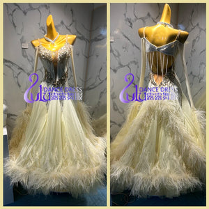 Ballroom Dance Dress Women's Ivory Beaded Feathered Strappy Open Back Gown