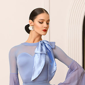 Women's Blue Mesh Bell Sleeve Ballroom Dance Dress with Satin Bow & Ruffled Hem