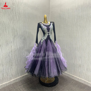 Women's Standard Ballroom Dance Dress With AB Rhinestones Black-Purple For Competition Waltz Foxtrot Tango