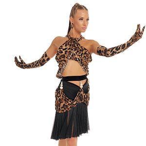 Ballroom Dance Dress Women's Leopard Print Black Halter Neck Draped Top with Matching Arm Sleeves and Beaded Skirt with Tulle Fringe