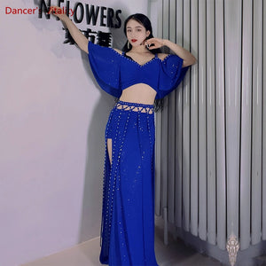 Belly Dance Costume Women Purple V-Neck Off-Shoulder Crop Top and Slit Skirt Set with Rhinestone Detail