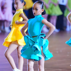 Girls Aqua Blue Ruffled Latin Dance Dress with Mock Neck, Short Sleeves, and Gold Buckle Detail, Ballroom Dancewear