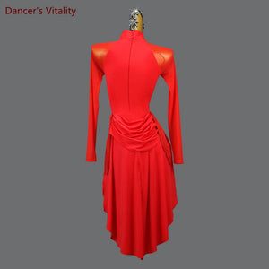 Latin Dance Dress Women's Red Fringe High-Low Hem Long Sleeve Mock Neck Mesh Bodice Rhythm Salsa Cha-Cha Rumba Samba Jive