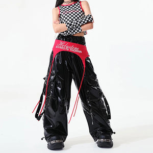 Dance Costume Girls Black White Red Checkered Crop Top Shiny PU Cargo Pants Hip Hop Street Dance