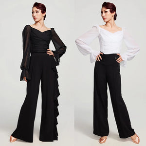 Women's Black & White Chiffon & Spandex Ruffled Wide-Leg Ballroom Dance Pants & Blouse Set