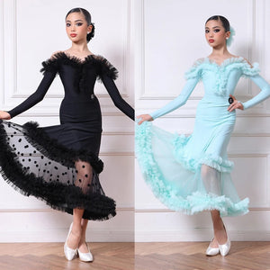 Ballroom Dance Dress Girls Black Off-Shoulder Ruffle Mesh Polka Dot Latin Dance Dress, Ballroom Dance Dress Girls Light Blue Off-Shoulder Ruffle Mesh Latin Dance Dress