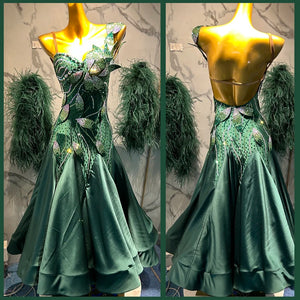 Women's Emerald Green Strapless Rhinestone & Feather Embellished Satin Ballroom Dance Dress