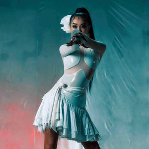 Women's Green, Black, White, Red Shiny Fringe Latin Dance Dress with Mesh Panels