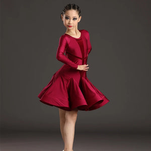 Girls Ballroom Dance Dress, Red Green Blue Long Sleeve Velvet Panel Ruffle Latin Salsa Dress