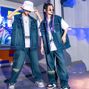 Kids' Unisex Blue Denim Hip Hop Dance Outfit with Vest, White T-Shirt, and Loose-Fit Pants