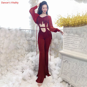 Women's Yellow Fringe Cutout Jumpsuit with Sheer Sleeves, Belly Dance Costume