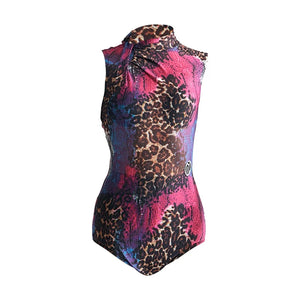 Women's Black & Leopard Print Sleeveless Mock Neck Bodysuit & Ruffled Skirt Latin Dancewear