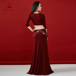 Women's Green V-Neck Ruched Cutout Slit Belly Dance Dress with Rhinestone Chain