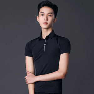 Men's Black Short Sleeve Polo Shirt with White Stripe and "ID" Logo for Ballroom Dance