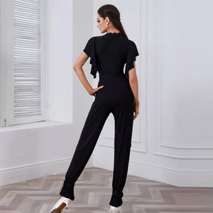 Dance Bodysuit Jumpsuit, Women's Black Lace Cutout Ruffled Sleeve Lycra Latin Dance Jumpsuit