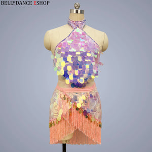Belly Dance Halter Top and Skirt Set, Women's Iridescent Sequin Fringe Latin Dance Costume