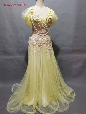 Belly Dance Costume Women's Lavender Chiffon Off-Shoulder Top with Embellished Bra & Long Skirt Set for Performance