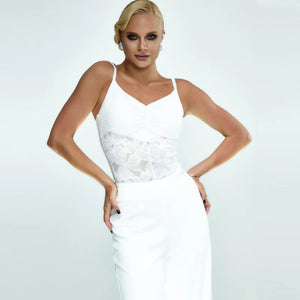 Women's White Lace & Solid Spandex V-Neck Camisole Bodysuit, Latin Ballroom Dance