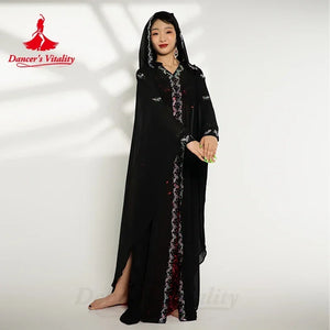 Belly Dance Women's Black Sheer Chiffon Kaftan with Silver Embroidery and Sequin Accents Tribal Fusion Costume