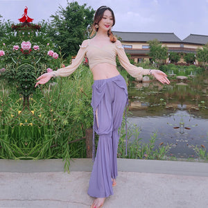 Belly Dance Women's Lavender Chiffon Slit Harem Pants with Ruffled Waistband