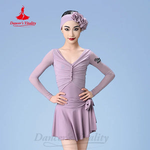 Girls' Lavender Long Sleeve V-Neck Ruched Leotard with Skirt and Headband, Mesh Sleeves, Latin Dance Dress
