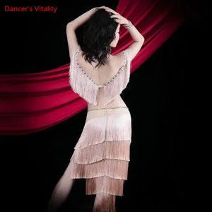 Women's Adult Belly Dance Costume Set With Tassel Bra, Rhinestone Belt And Skirt For Performance