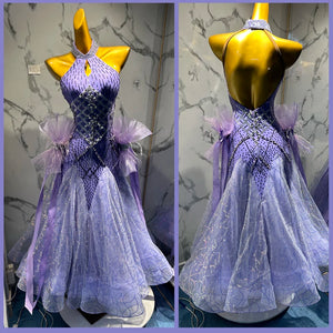 Women's Lavender Ballroom Dance Dress with Rhinestone Embellishments and Tulle Skirt