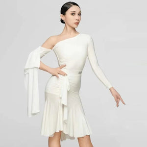 Women's Black & White One-Shoulder Ruched Latin Dance Dress with Flowing Sleeves