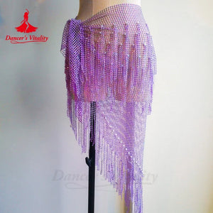 Belly Dance Hip Scarf, Women's Teal Blue Sequin Fringe Mesh Skirt, Latin Dance Hip Wrap