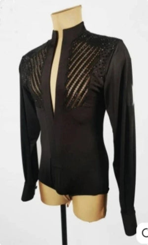 Men's Black Embellished Mesh Ballroom Latin Dance Shirt